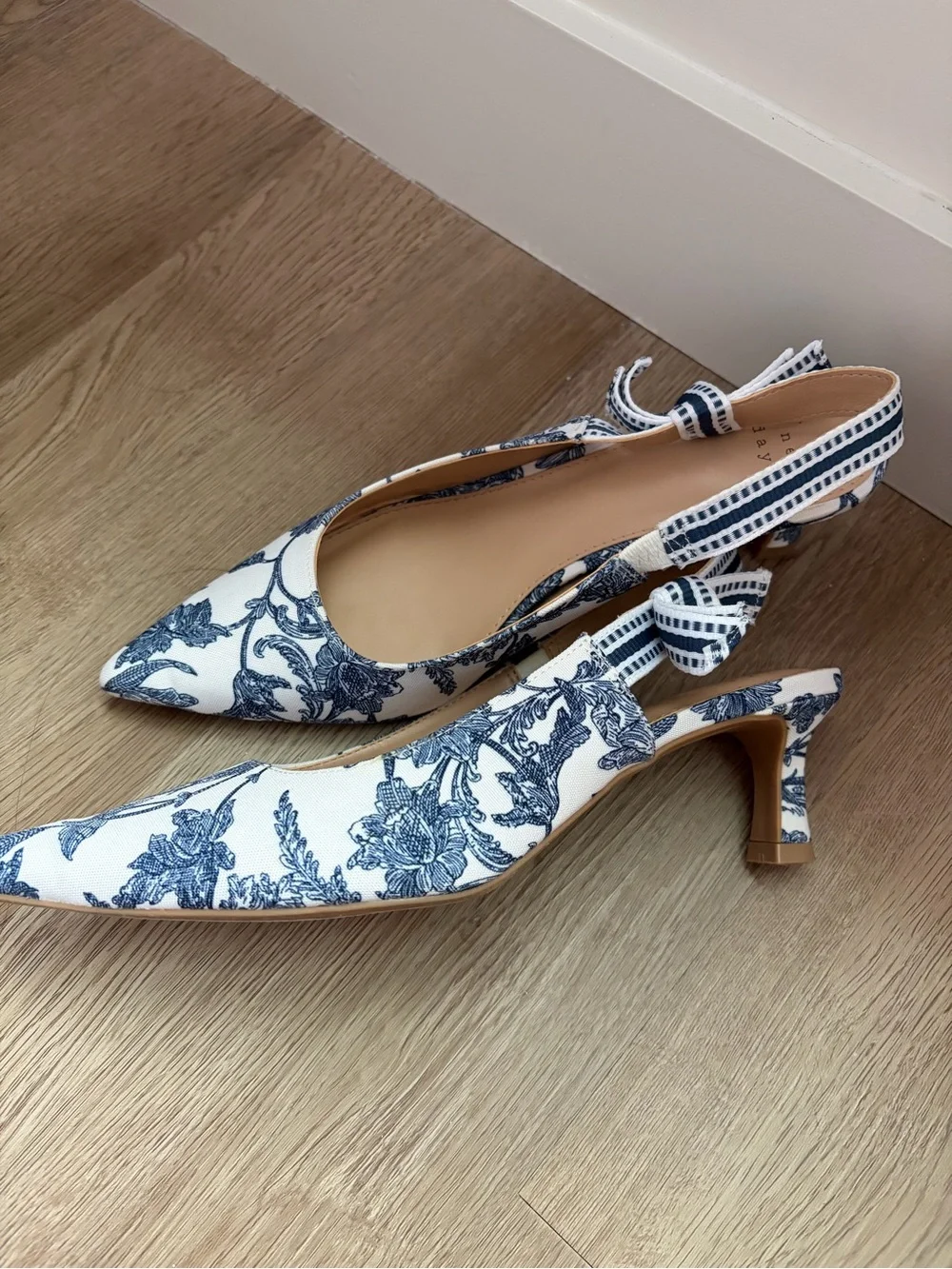 a new day White and Navy Floral kitten heels